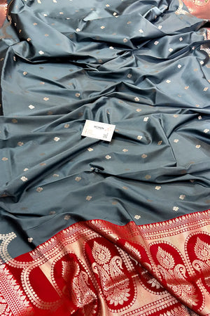 Grey and Red Zari Banarasi Silk Saree