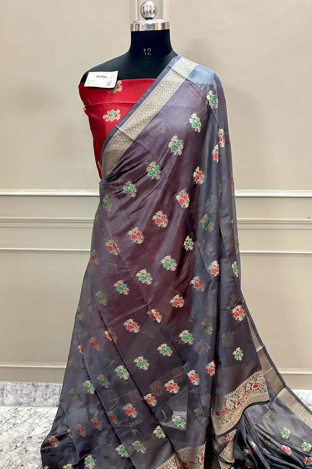 Grey and Red Zari Resham Silk Banarasi Saree