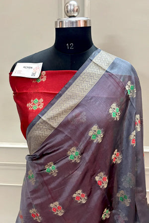 Grey and Red Zari Resham Silk Banarasi Saree