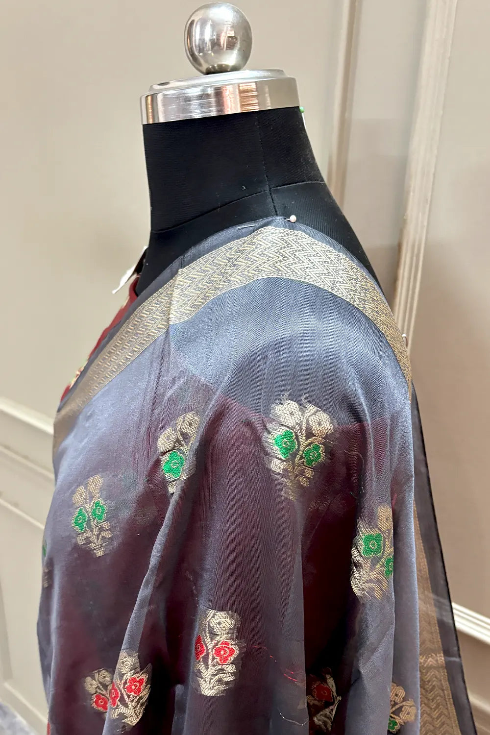 Grey and Red Zari Resham Silk Banarasi Saree