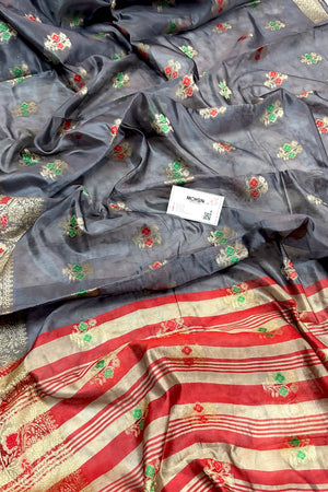 Grey and Red Zari Resham Silk Banarasi Saree