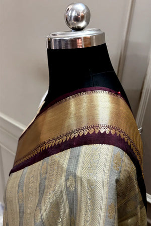 Grey and Wine Tissue Silk Banarasi Saree
