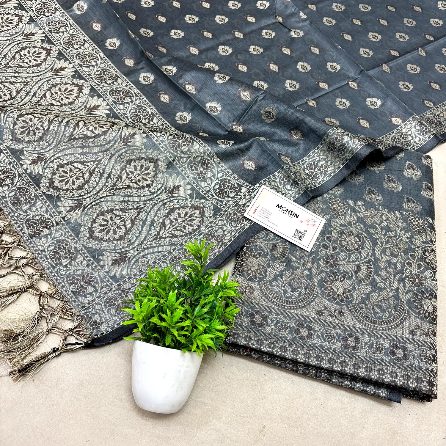Grey Angoori Buti Cotton Silk Banarasi Suit