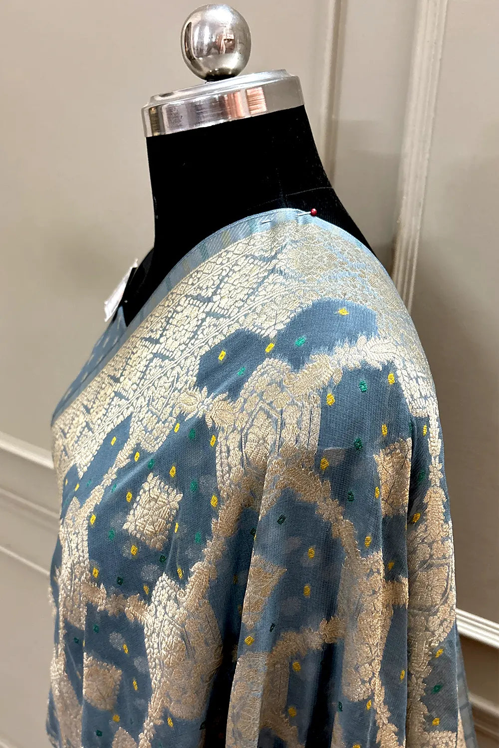 Grey Bandhej Georgette Silk Banarasi Saree