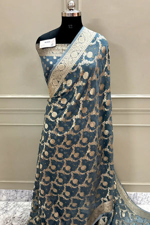 Grey Bandhej Georgette Silk Banarasi Saree
