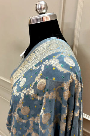 Grey Bandhej Georgette Silk Banarasi Saree