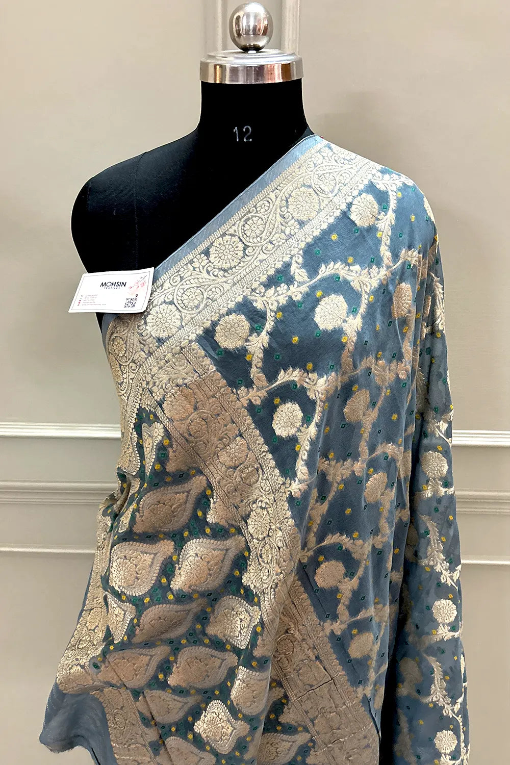 Grey Bandhej Georgette Silk Banarasi Saree