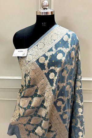 Grey Bandhej Georgette Silk Banarasi Saree
