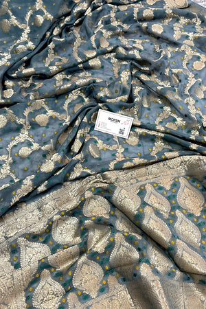 Grey Bandhej Georgette Silk Banarasi Saree