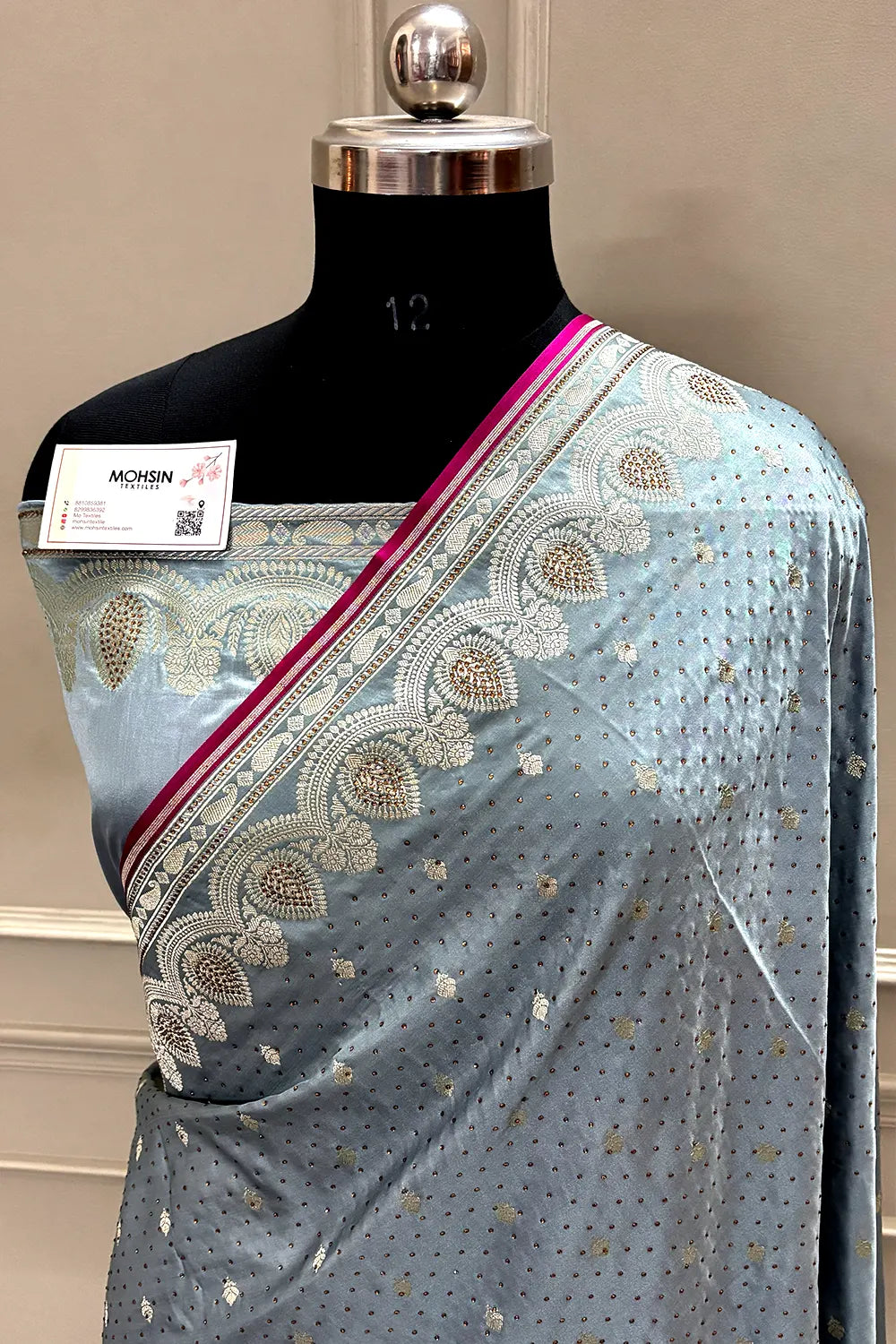 Grey Jadi Buti Siroski Stone Katan Silk Banarasi Saree