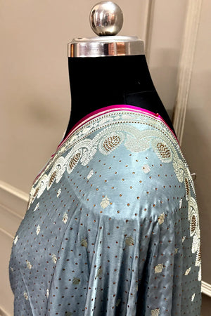Grey Jadi Buti Siroski Stone Katan Silk Banarasi Saree