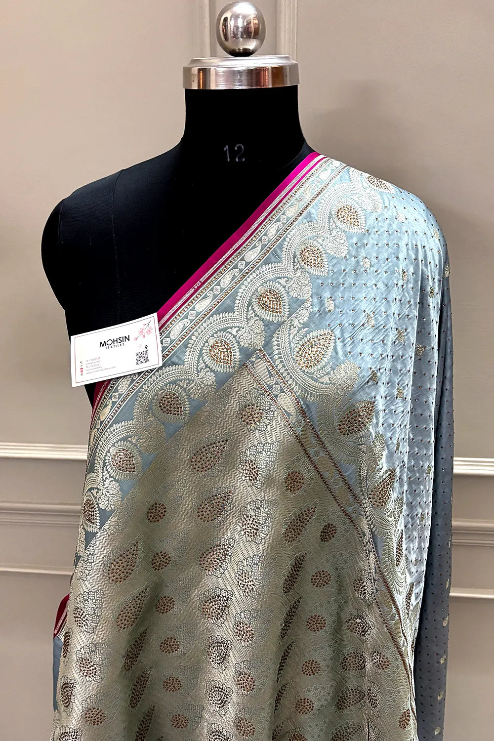 Grey Jadi Buti Siroski Stone Katan Silk Banarasi Saree