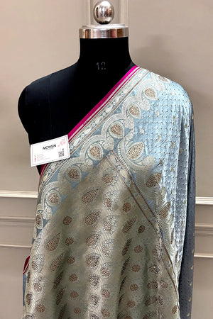 Grey Jadi Buti Siroski Stone Katan Silk Banarasi Saree