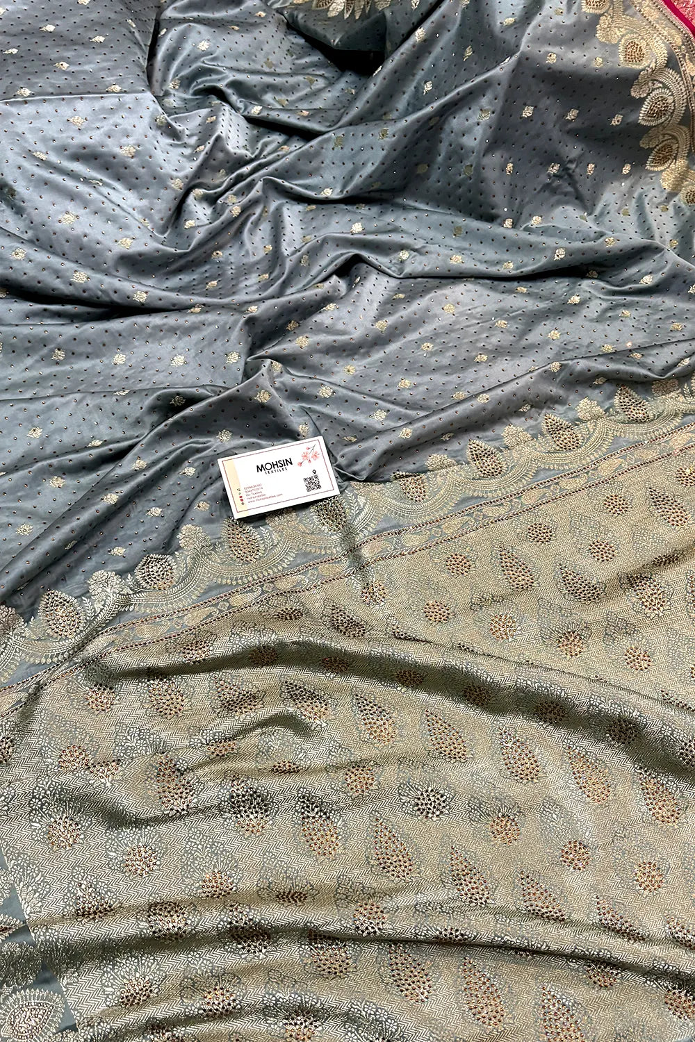 Grey Jadi Buti Siroski Stone Katan Silk Banarasi Saree
