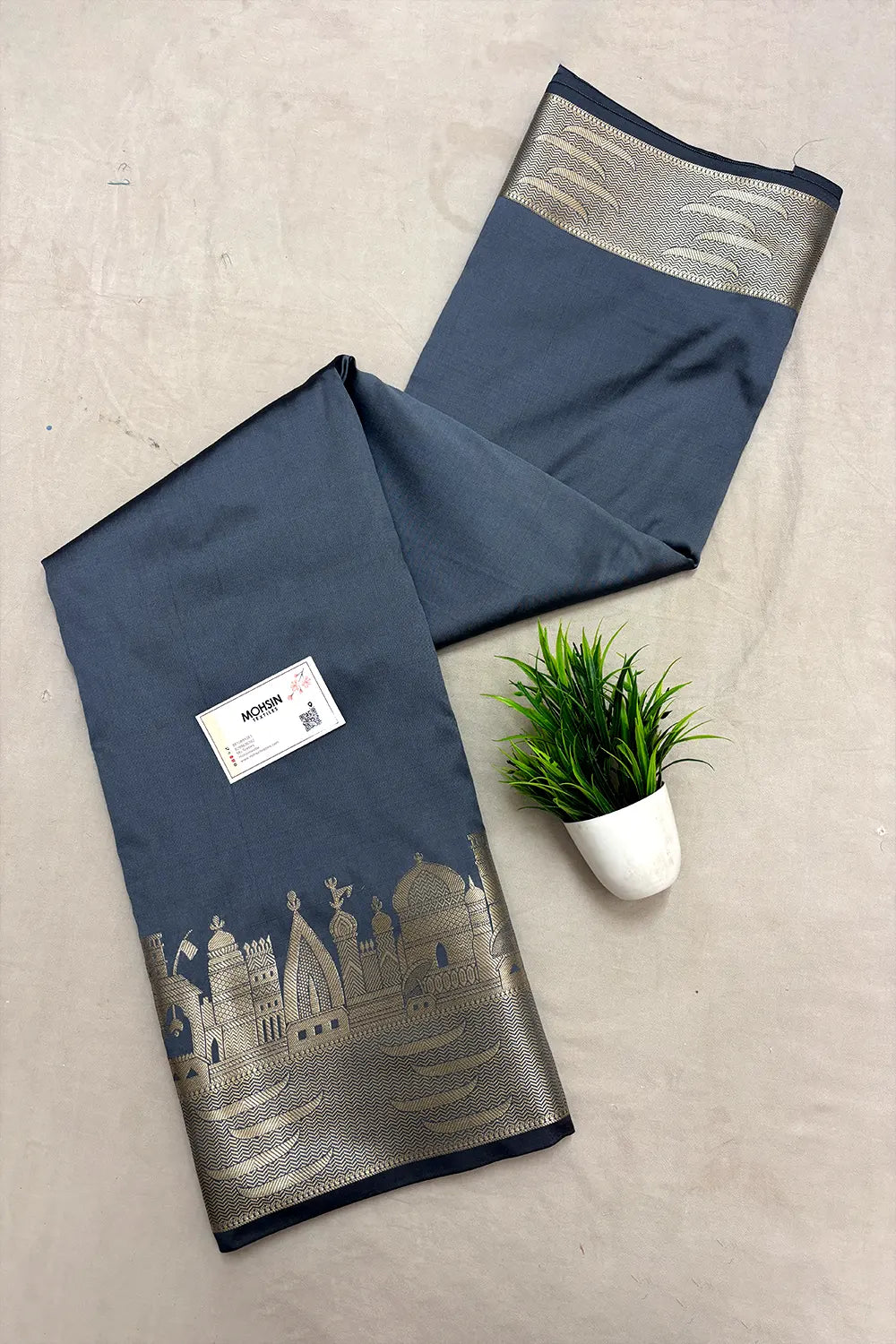 Grey Kalyug Plain Semi Katan Silk Banarasi Saree