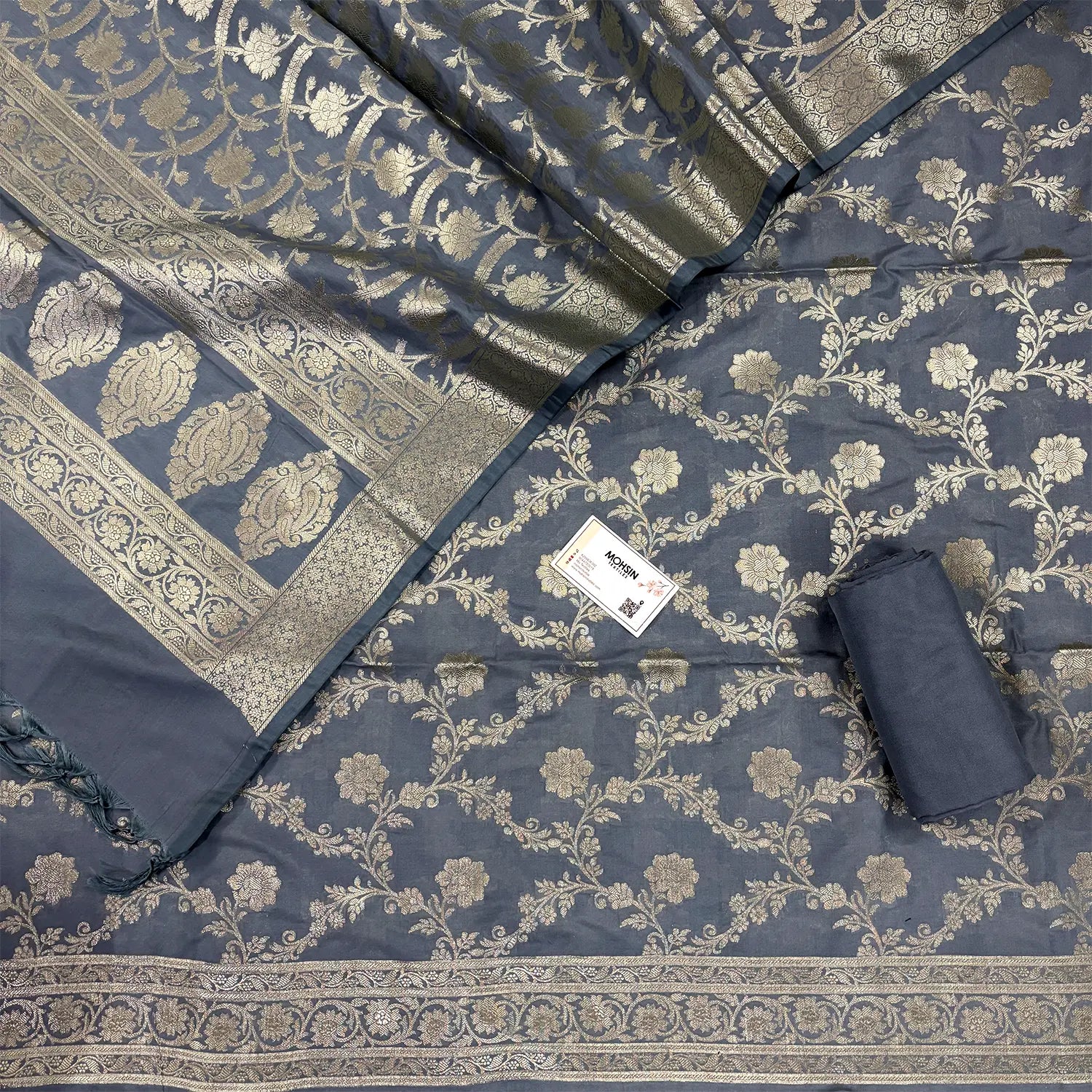 Grey Kashmiri Jaal Katan Silk Banarasi Suit