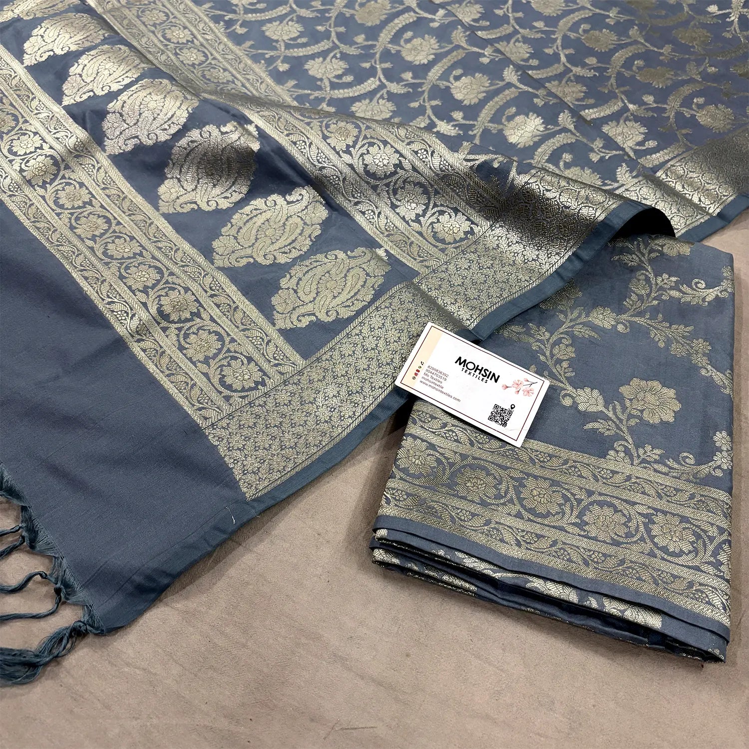 Grey Kashmiri Jaal Katan Silk Banarasi Suit
