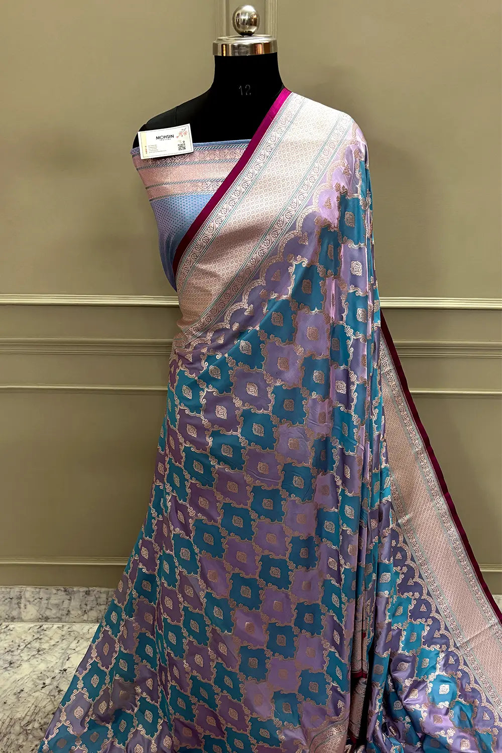 Grey Mint Rangkaat Zari Katan Mashru Silk Banarasi Saree
