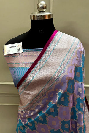 Grey Mint Rangkaat Zari Katan Mashru Silk Banarasi Saree