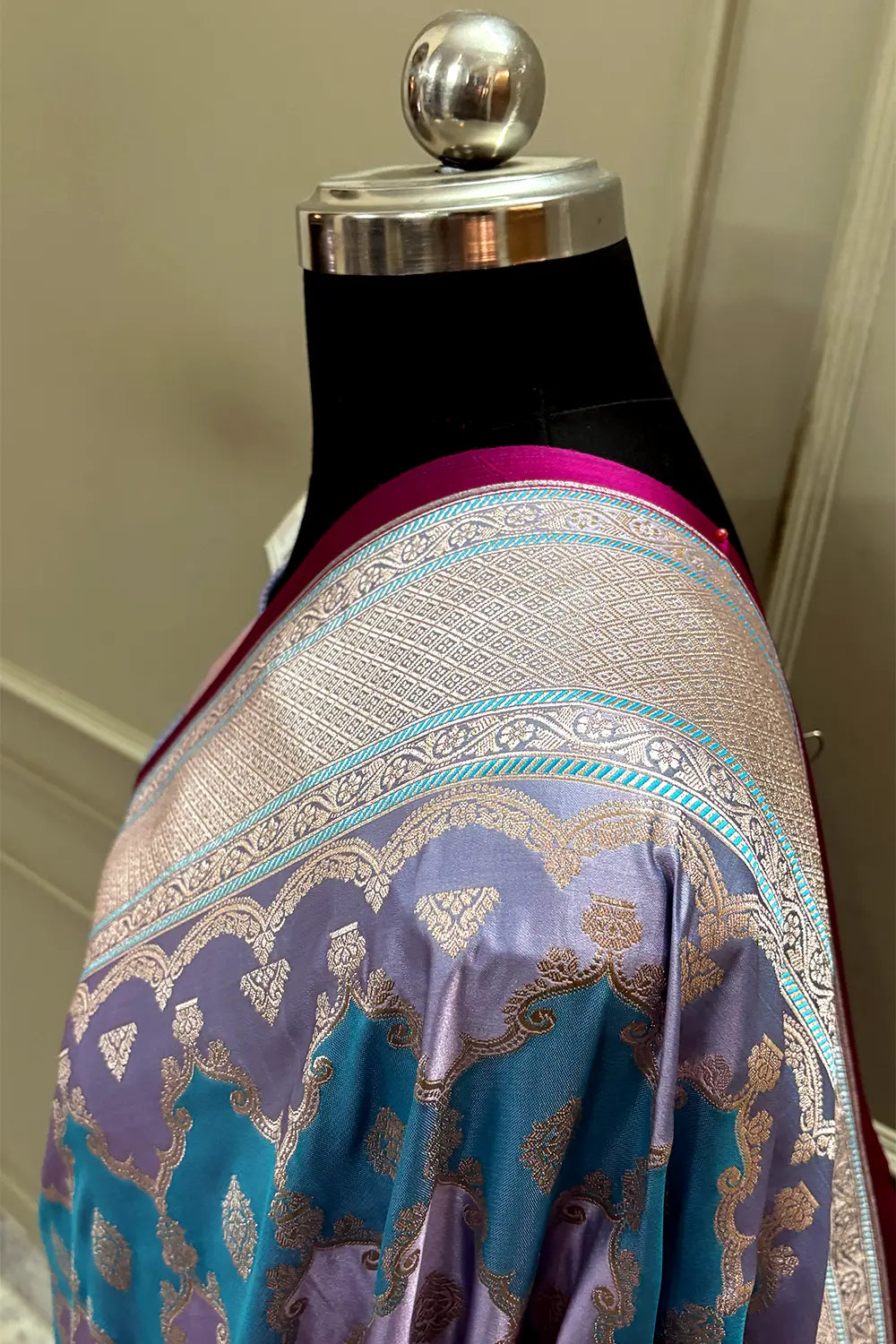 Grey Mint Rangkaat Zari Katan Mashru Silk Banarasi Saree