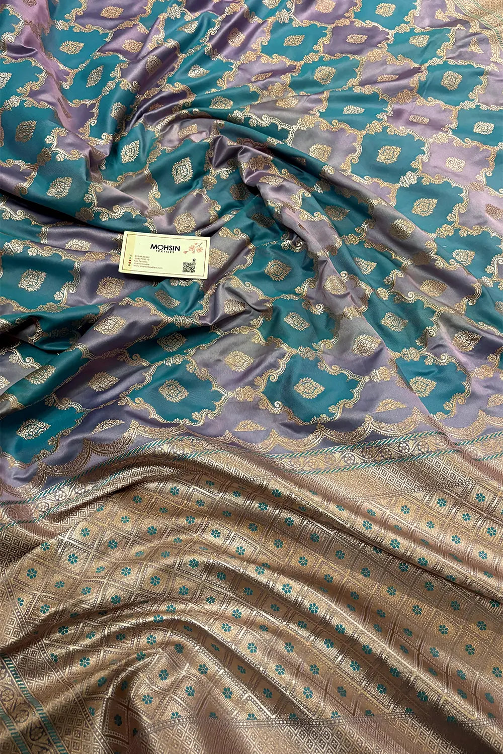 Grey Mint Rangkaat Zari Katan Mashru Silk Banarasi Saree
