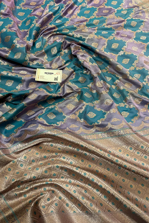 Grey Mint Rangkaat Zari Katan Mashru Silk Banarasi Saree