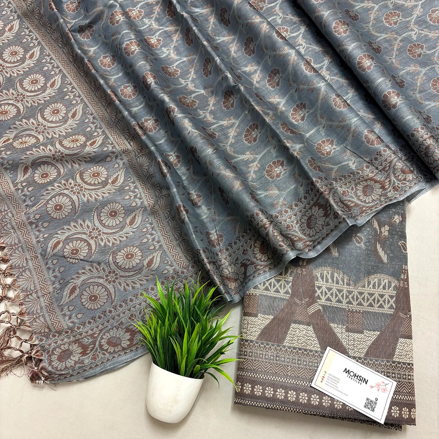 Grey Namo Ghat Cotton Silk Banarasi Suit