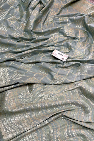 Grey Pi Jaal Katan Silk Banarasi Saree 
