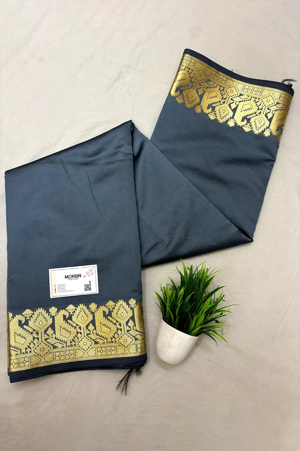 Grey Plain Semi Katan Silk Banarasi Saree