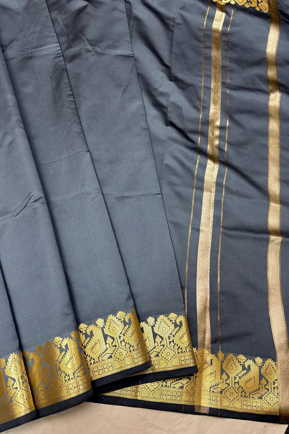 Grey Plain Semi Katan Silk Banarasi Saree