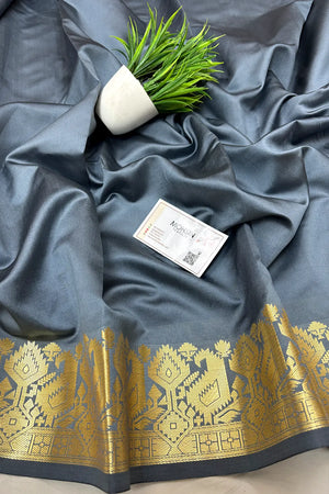 Grey Plain Semi Katan Silk Banarasi Saree