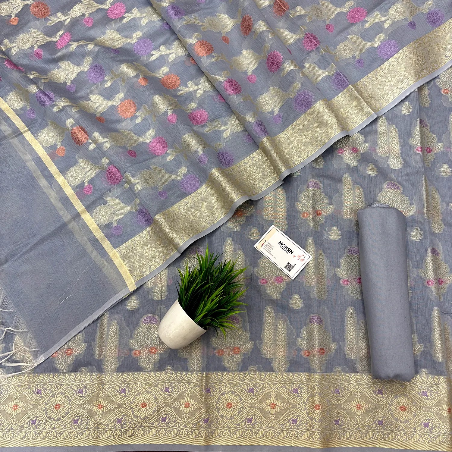 Grey Resham Banarasi Silk Suit