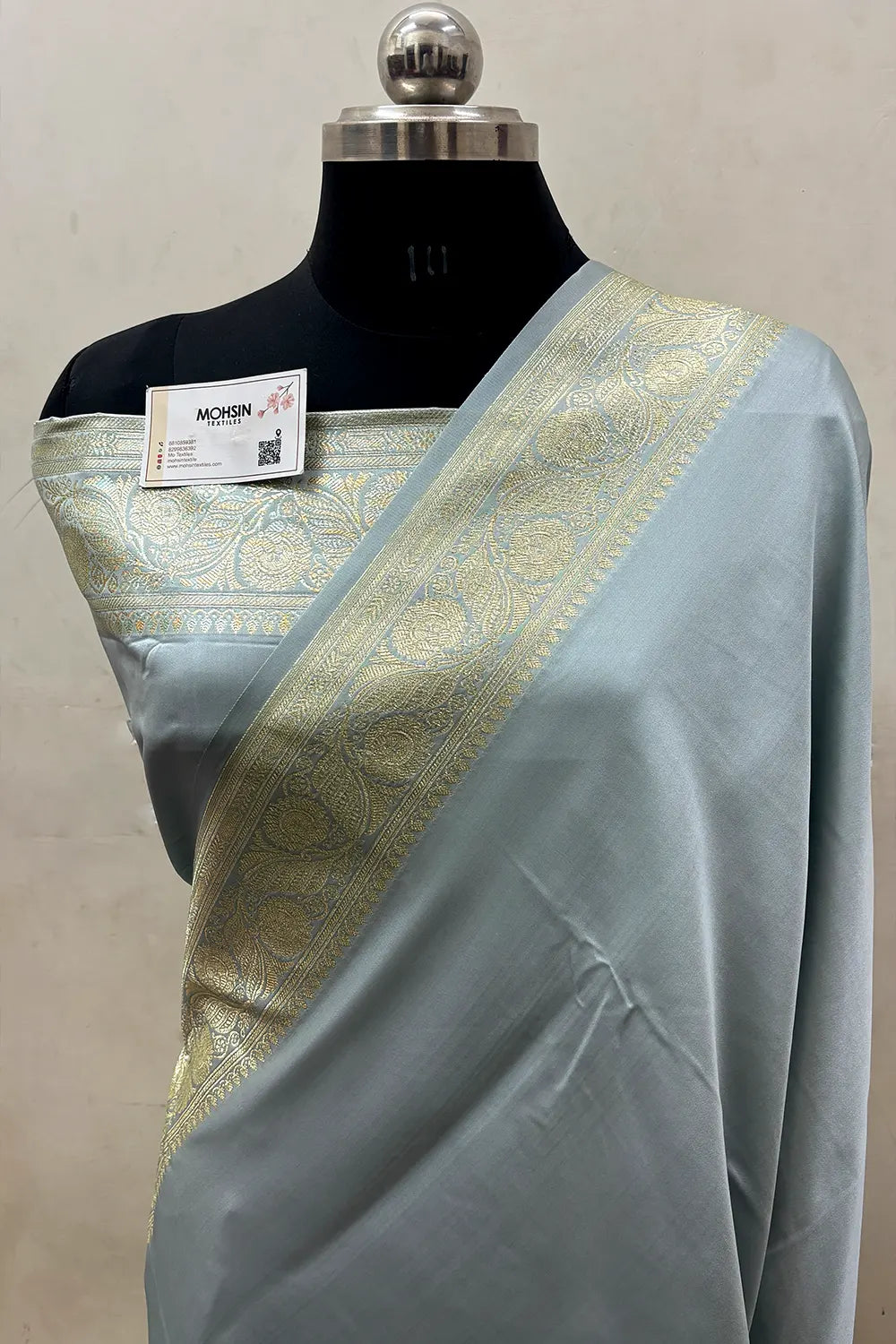 Grey Royal Plain Katan Satin Silk Banarasi Saree