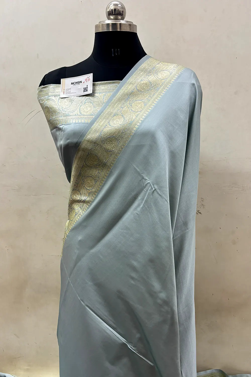 Grey Royal Plain Katan Satin Silk Banarasi Saree