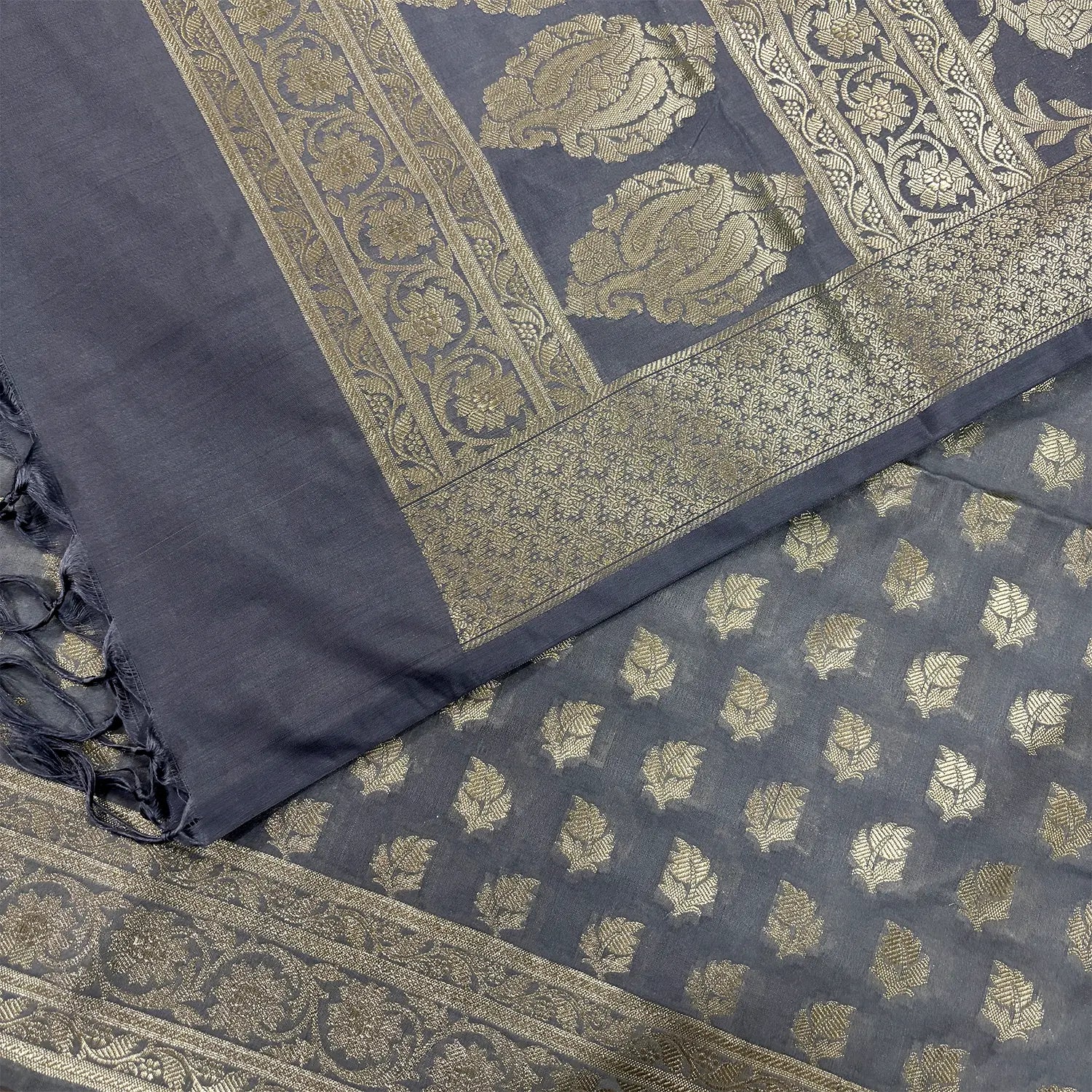 Grey Tedhi Patti Katan Silk Banarasi Suit