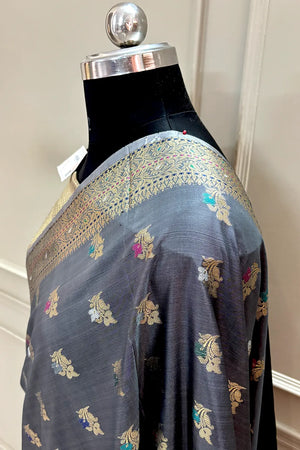 Grey Zari Banarasi Silk Saree
