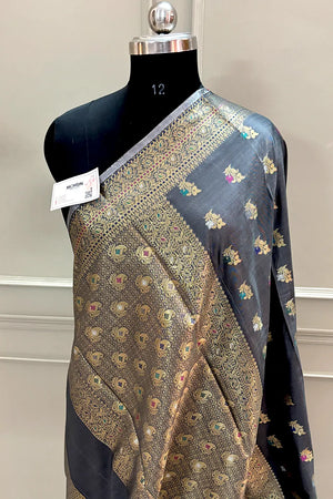 Grey Zari Banarasi Silk Saree