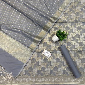 Grey Zari Katan Silk Banarasi Suit