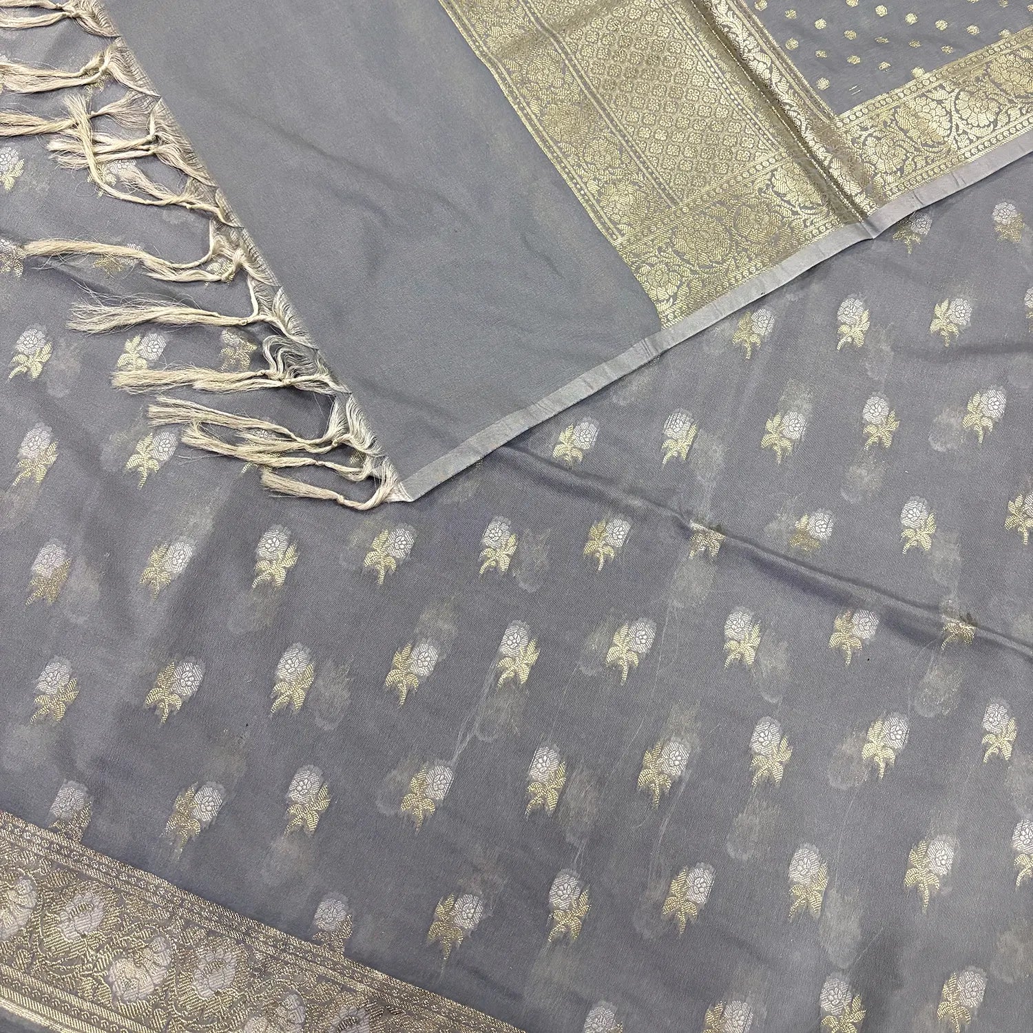 Grey Zari Katan Silk Banarasi Suit