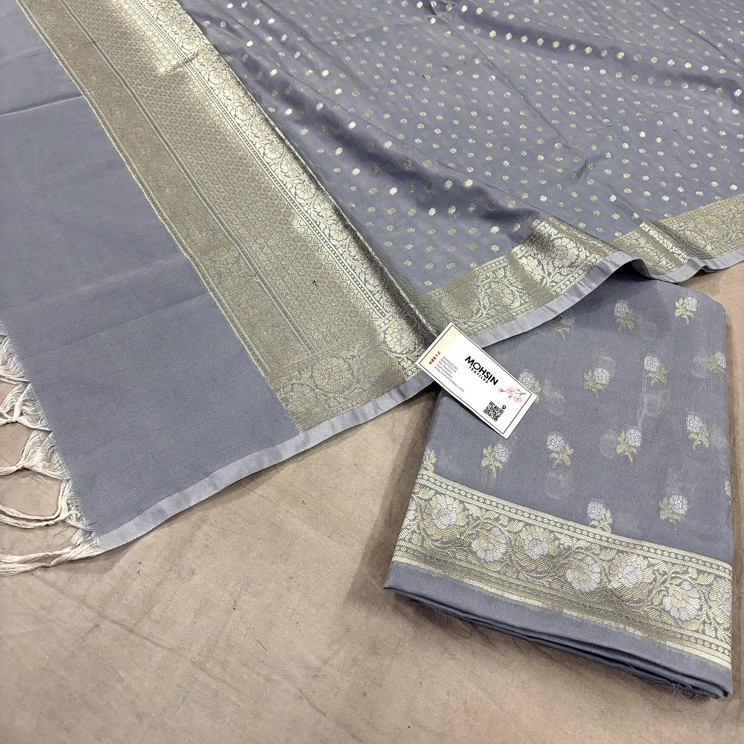 Grey Zari Katan Silk Banarasi Suit