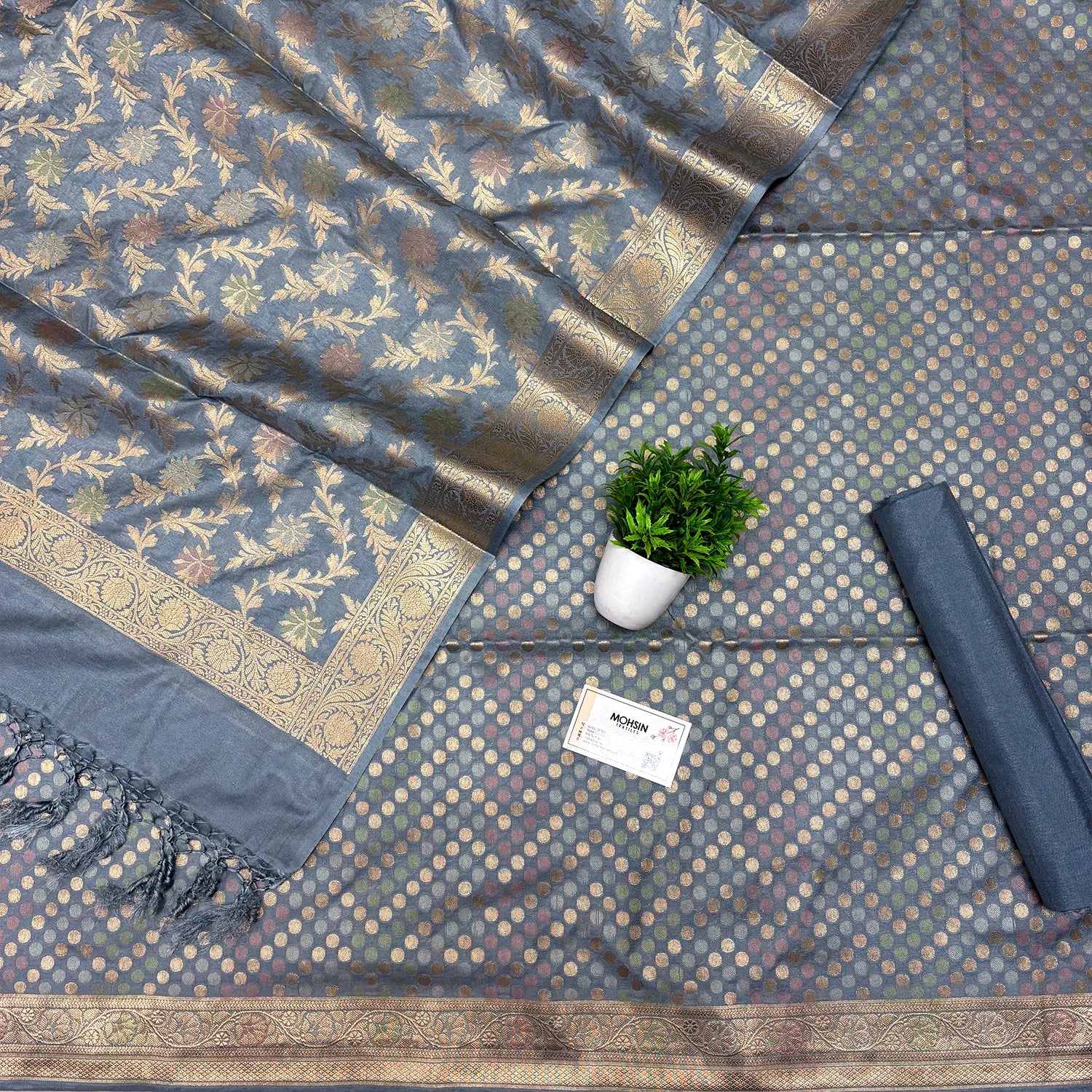 Grey Zari Katan Silk Banarasi Suit