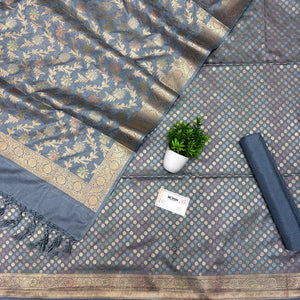 Grey Zari Katan Silk Banarasi Suit