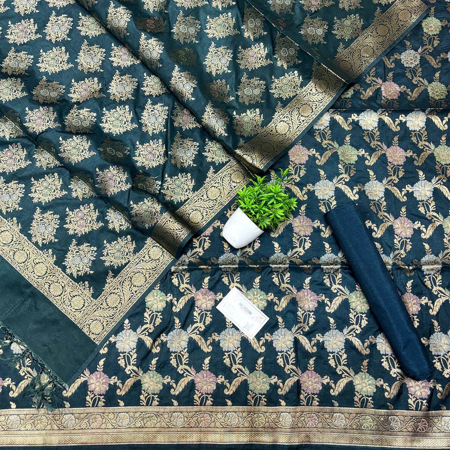 Grey Zari Katan Silk Banarasi Suit