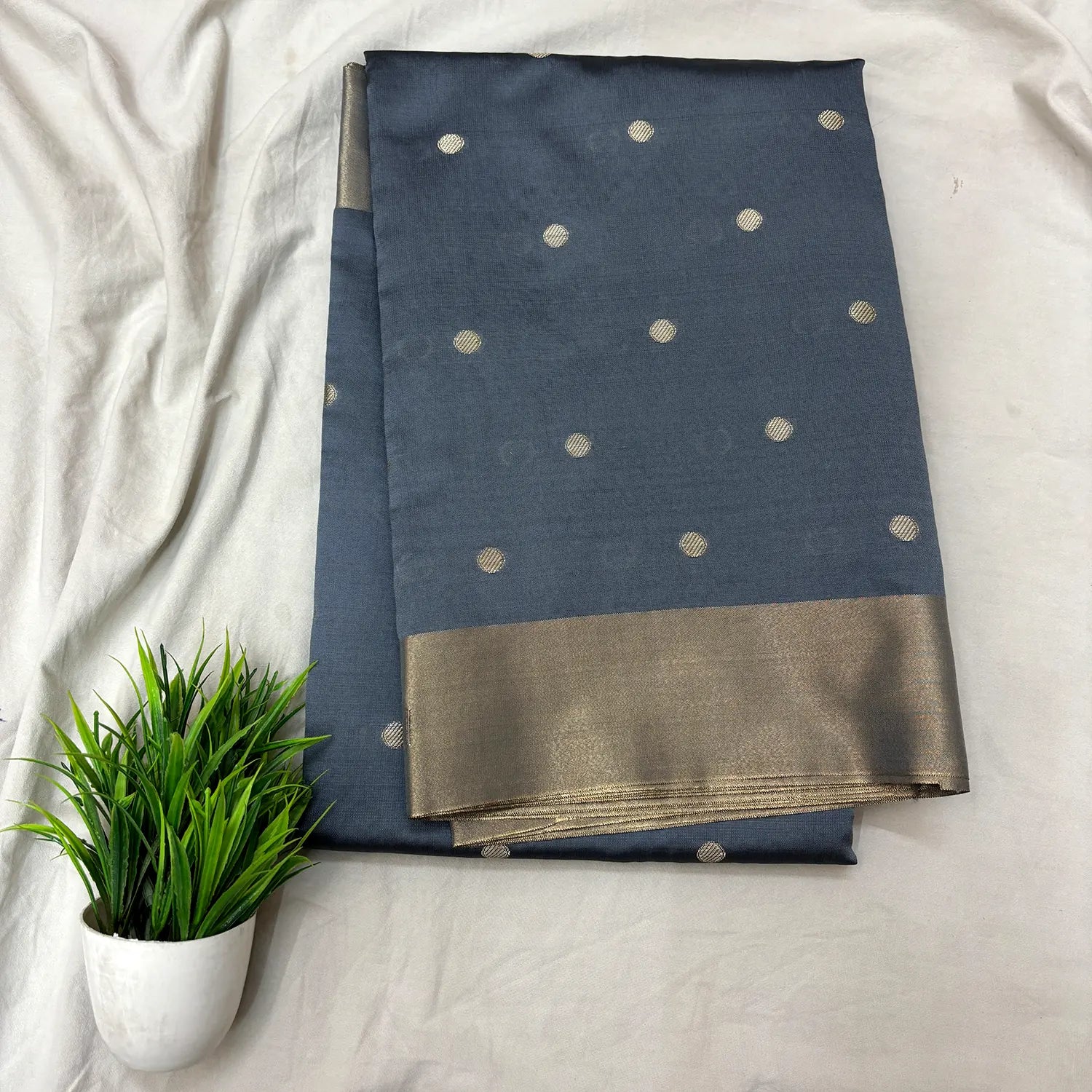 Grey Zari Semi Katan Silk Banarasi Saree