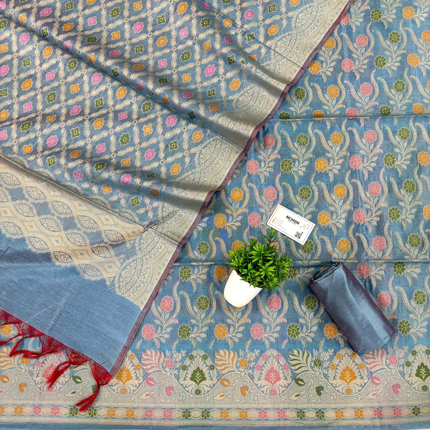 Greyish Firozi Yoga Jaal Cotton Silk Banarasi Suit