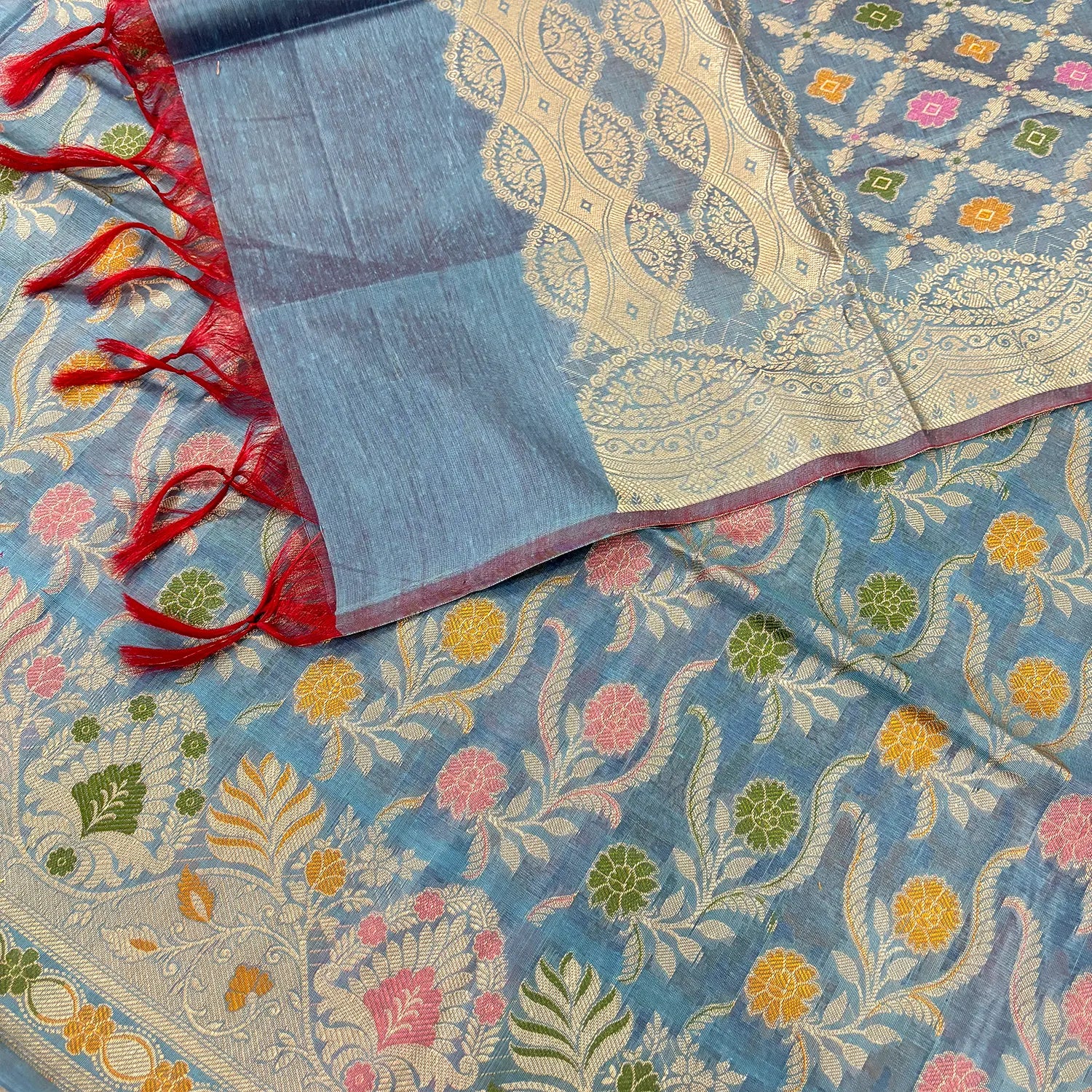 Greyish Firozi Yoga Jaal Cotton Silk Banarasi Suit