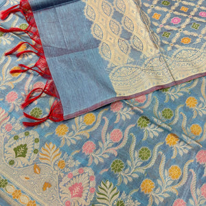 Greyish Firozi Yoga Jaal Cotton Silk Banarasi Suit