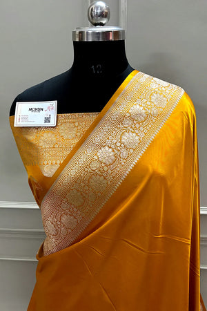Haldi Mustard Plain Zari Katan Mashru Silk Banarasi Saree