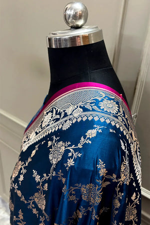 Kai Teal Jhanjaal Katan Mashru Silk Banarasi Saree
