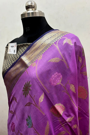 Lavender and Navy Zari Katan Silk Banarasi Saree